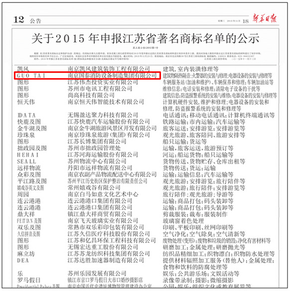 賀國(guó)泰集團(tuán)入圍“江蘇省著名商標(biāo)”公示名單
